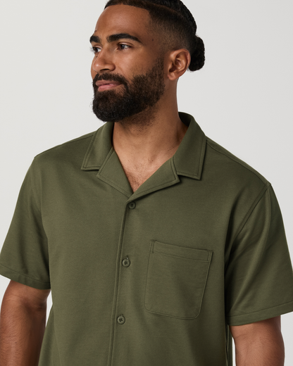 Short Sleeve Knit Oxford Camp Collar Button Down | Herb