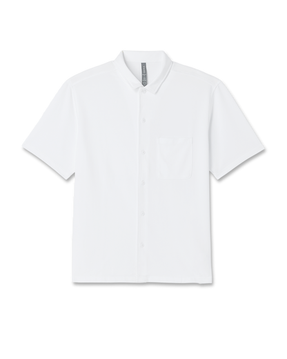 Short Sleeve Knit Oxford Camp Collar Button Down | White