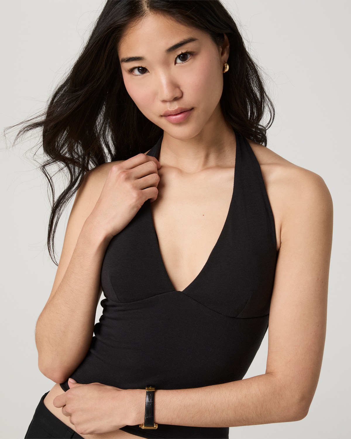 Everyday Cotton Stretch Plunge Halter | Black