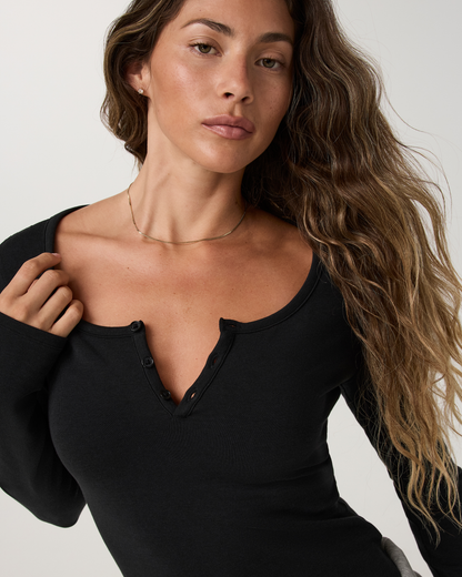 Long Sleeve Everyday Cotton Stretch Henley | Black
