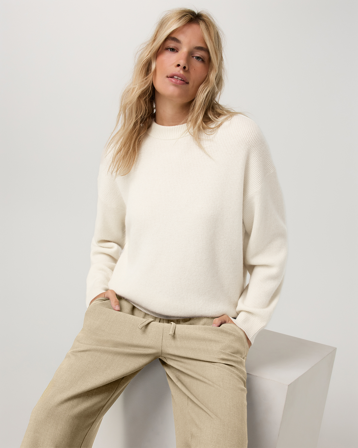 Émilie Cashmere Oversized Rib Crew | Porcelain